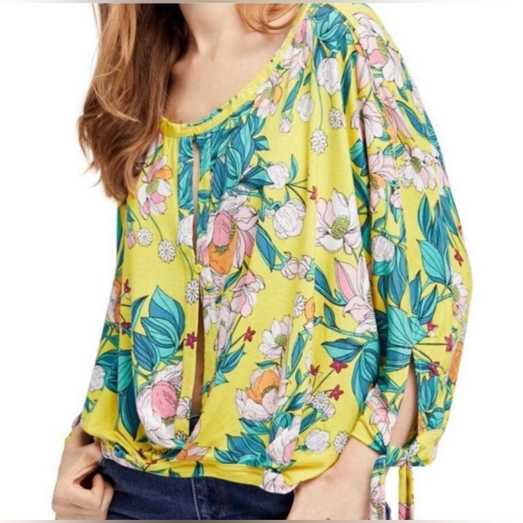 Free People Keepin’ On Yellow Floral Top Boho 3/4 Sleeve Oversized Size S Flaw